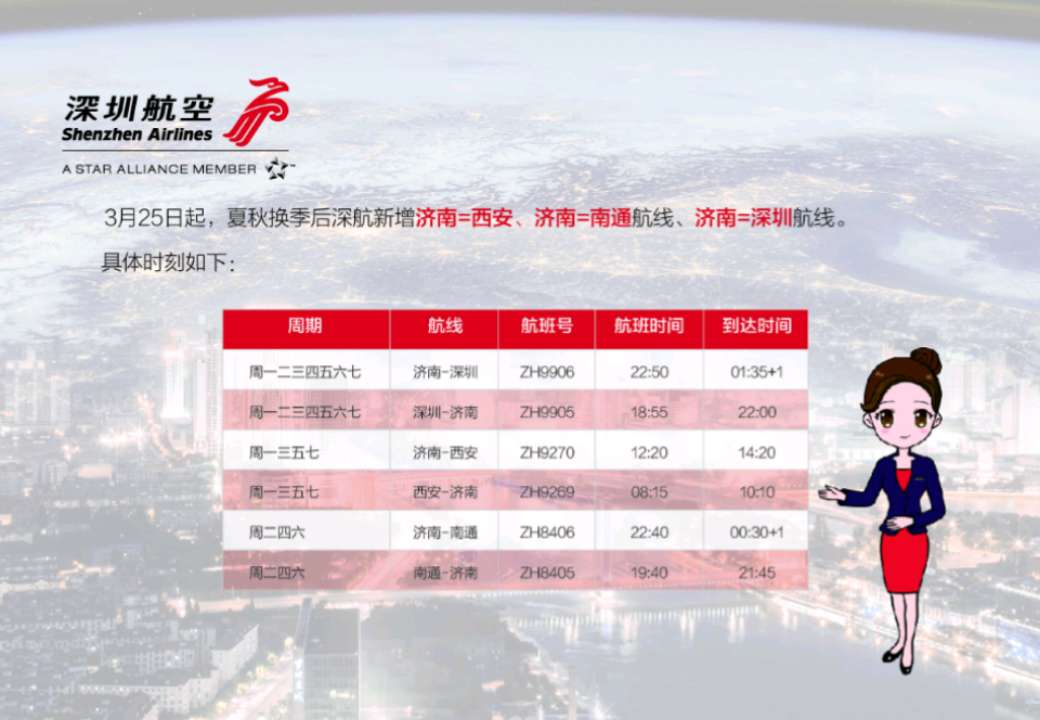 深圳航空开通济南=南通、西安航线 每日三班
