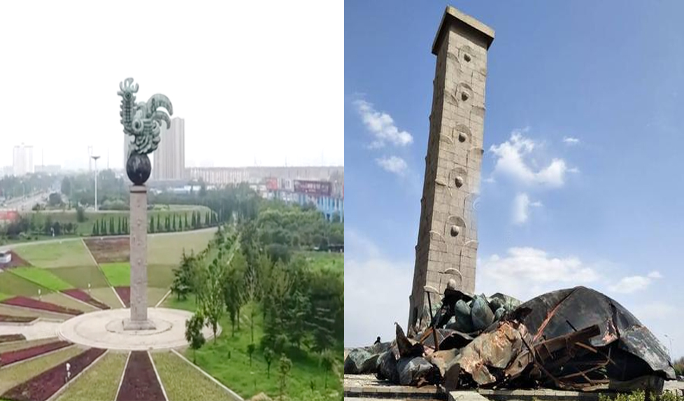最新进展丨淄博“公鸡”雕塑被大风刮落 园林部门正进行清运