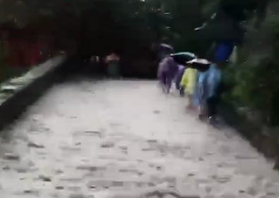 53秒丨台风“温比亚”来袭！山东多地降暴雨 泰山山道变水道