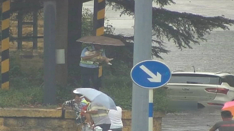 52秒 | 滕州：越野车桥下被淹 执勤民警撑伞抱婴儿转移