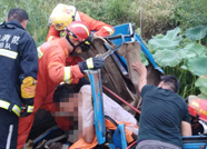 泰安宁阳一农用三轮车侧翻池塘2人被困 消防破拆救出