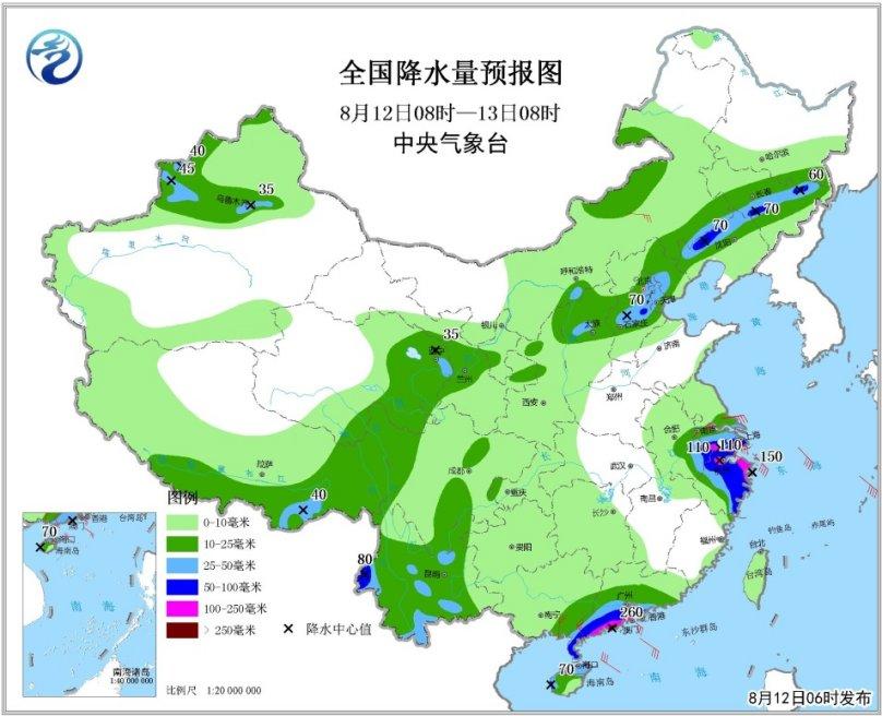 图4 全国降水量预报图(8月12日08时-13日08时)8月13日08时至14日08时