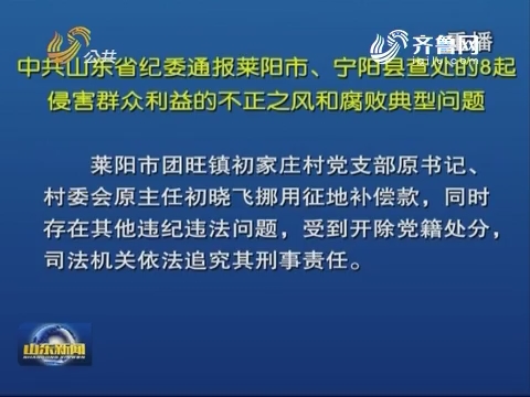 山东省纪委通报莱阳市、宁阳县查处的8起侵害群众利益的不正之风和腐败典型问题