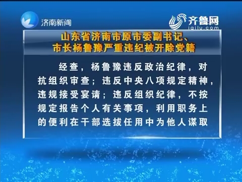 山东省济南市原市委副书记、市长杨鲁豫严重违纪被开除党籍