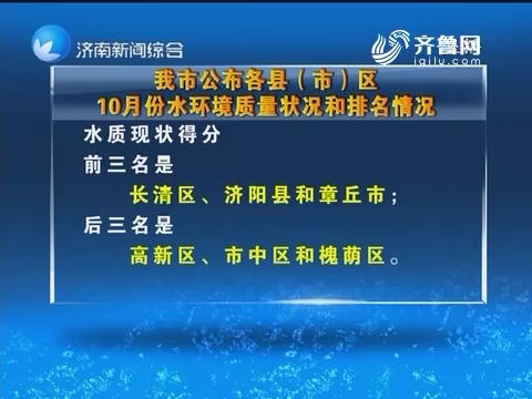 济南市公布各县（市）区10月份水环境质量状况和排名情况