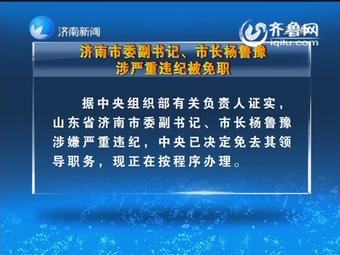 济南市委副书记 市长杨鲁豫涉严重违纪被免职
