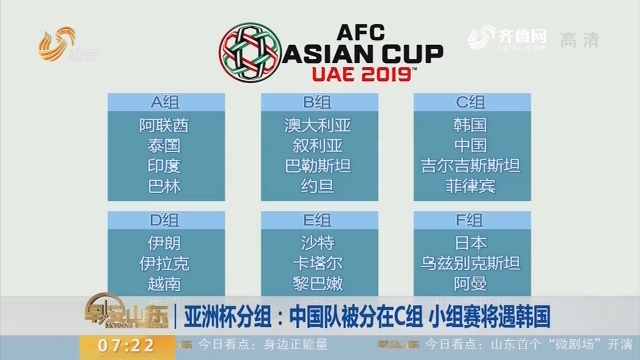亚洲杯分组：中国队被分在C组 小组赛将遇韩国