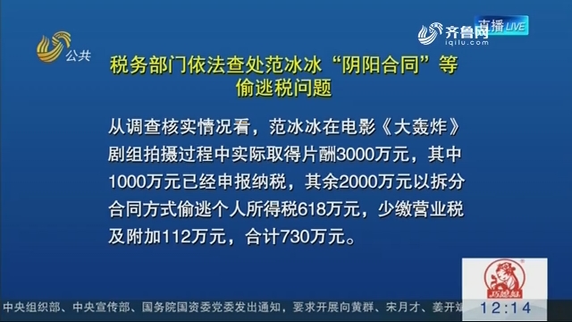 税务部门依法查处范冰冰“阴阳合同”等偷逃税问题