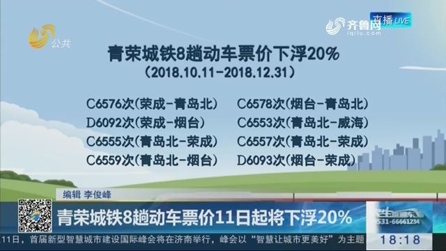 青荣城铁8趟动车票价11日起将下浮20%