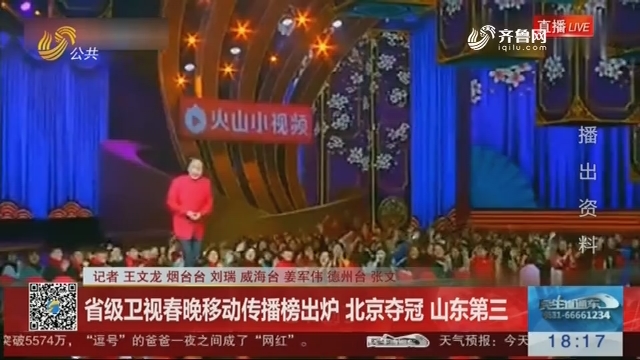 省级卫视春晚移动传播榜出炉 北京夺冠 山东第三