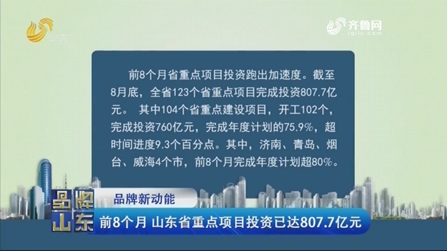 【品牌新动能】前8个月 山东省重点项目投资已达807.7亿元