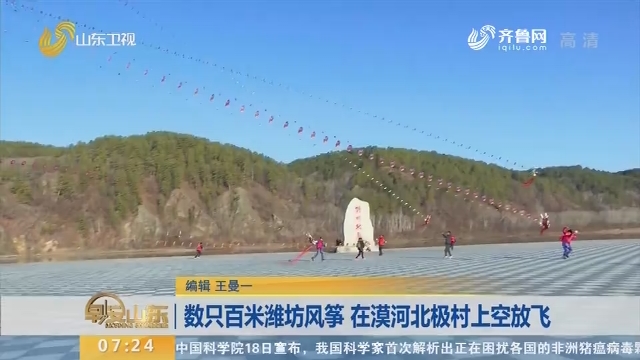 数只百米潍坊风筝 在漠河北极村上空放飞