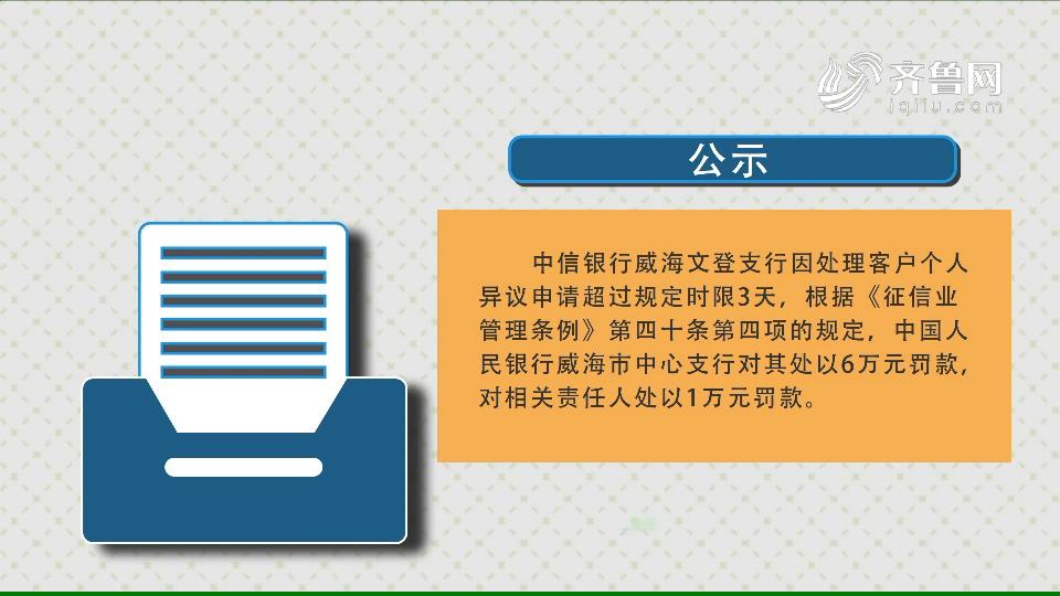 中国人民银行威海市中心支行公布了对中信银行威海文登支行等多家银行机构的处罚公示《齐鲁金融》20200520播出