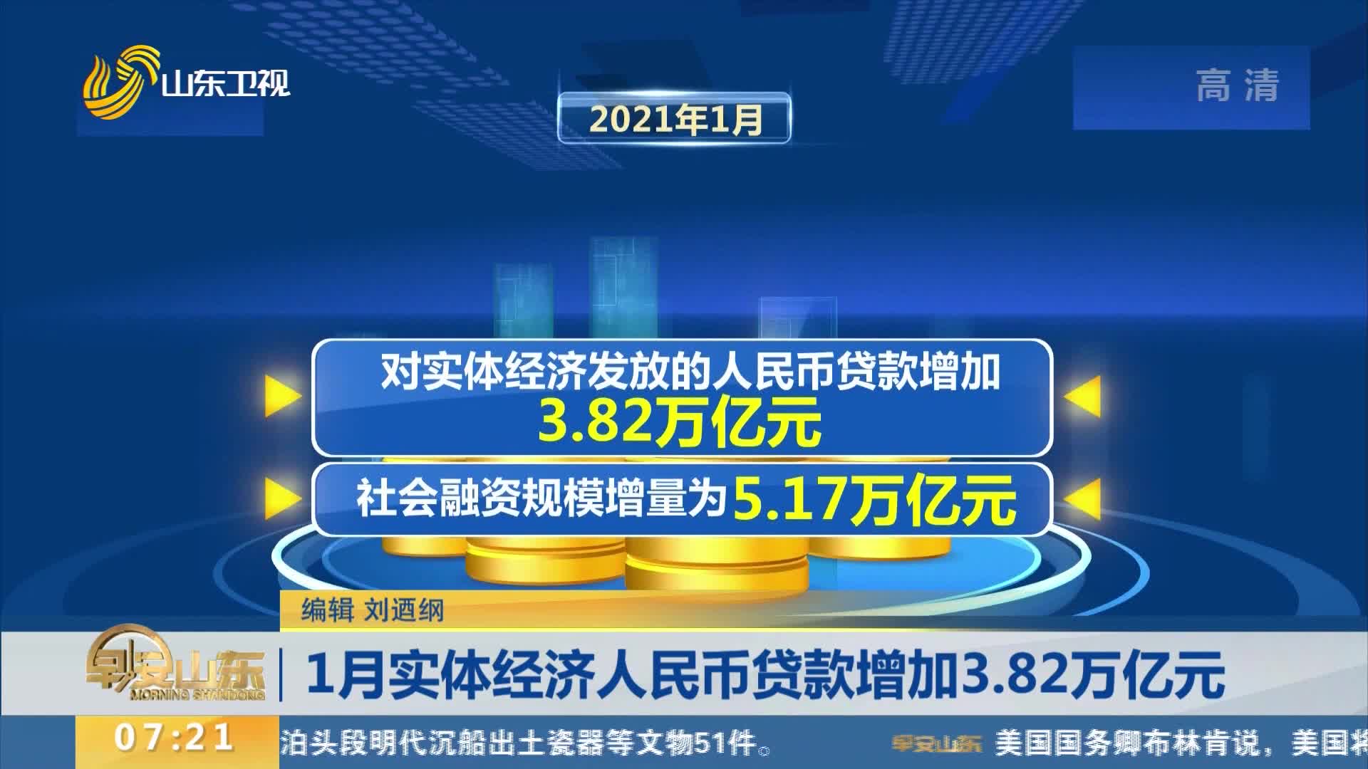 1月实体经济人民币贷款增加3.82万亿元