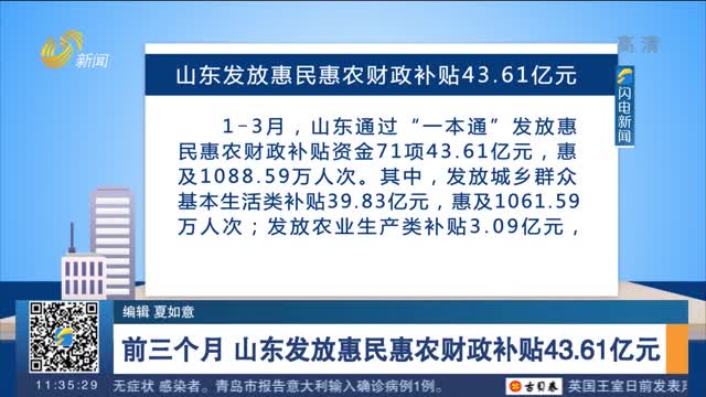 前三个月 山东发放惠民惠农财政补贴43.61亿元