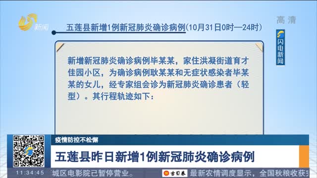 五莲县昨日新增1例新冠肺炎确诊病例