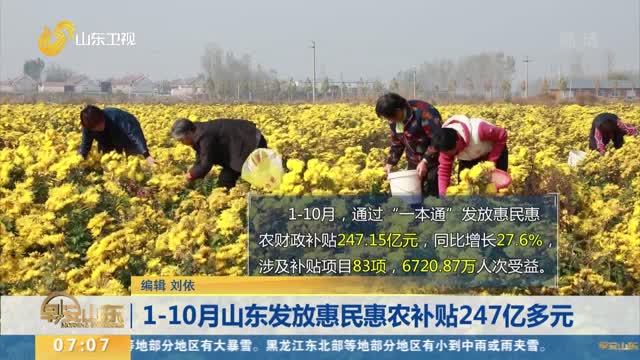 1-10月山东发放惠民惠农补贴247亿多元