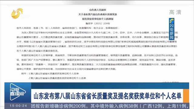 山东发布第八届山东省省长质量奖及提名奖获奖单位和个人名单