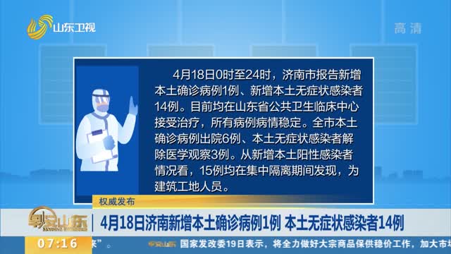 【权威发布】4月18日济南新增本土确诊病例1例 本土无症状感染者14例