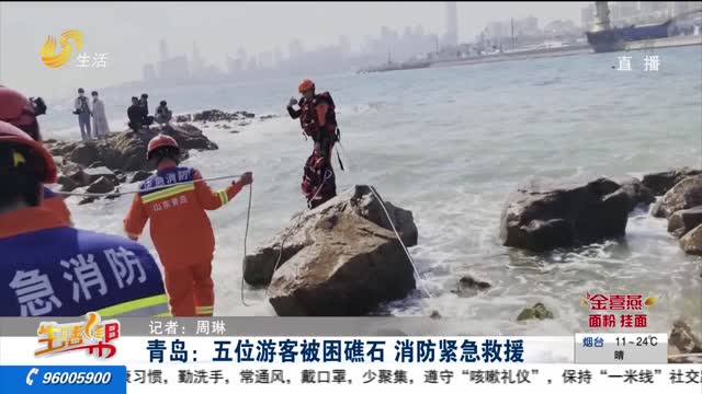 青岛：五位游客被困礁石 消防紧急救援