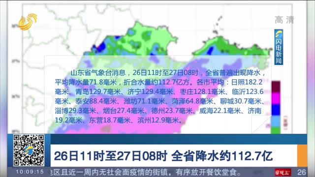 26日11时至27日08时 全省降水约112.7亿方 济宁出现特大暴雨