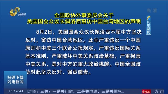 全国政协外事委员会关于美国国会众议长佩洛西窜访中国台湾地区的声明