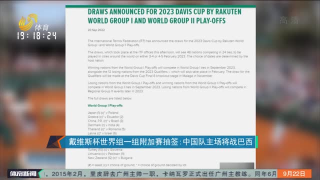 戴维斯杯世界组一组附加赛抽签：中国队主场将战巴西