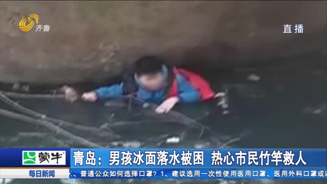 青岛：男孩冰面落水被困 热心市民竹竿救人