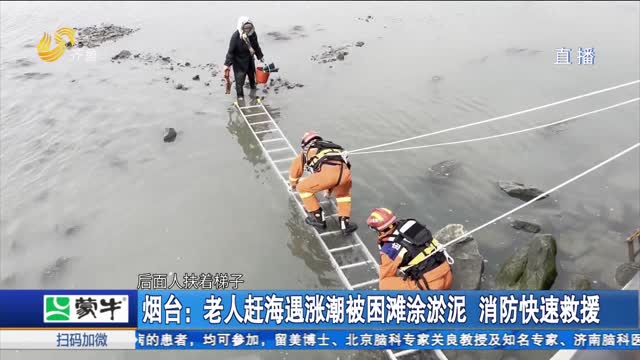 烟台：老人赶海遇涨潮被困滩涂淤泥 消防快速救援