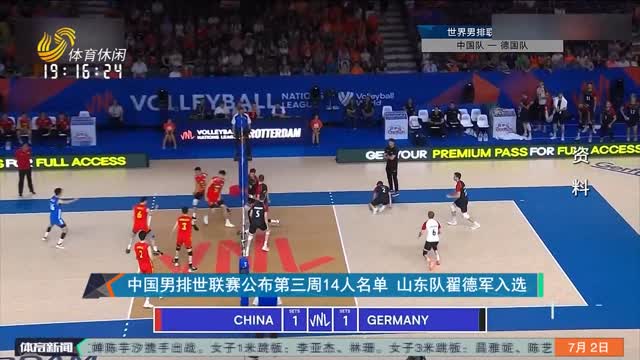 中国男排世联赛公布第三周14人名单 山东队翟德军入选