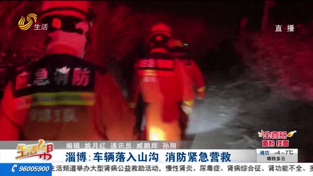 淄博：车辆落入山沟 消防紧急营救