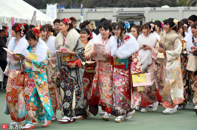 日本各地庆祝成人节青年女子男子精心打扮