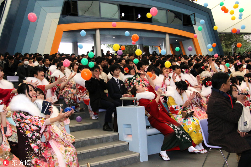 日本各地庆祝成人节青年女子男子精心打扮