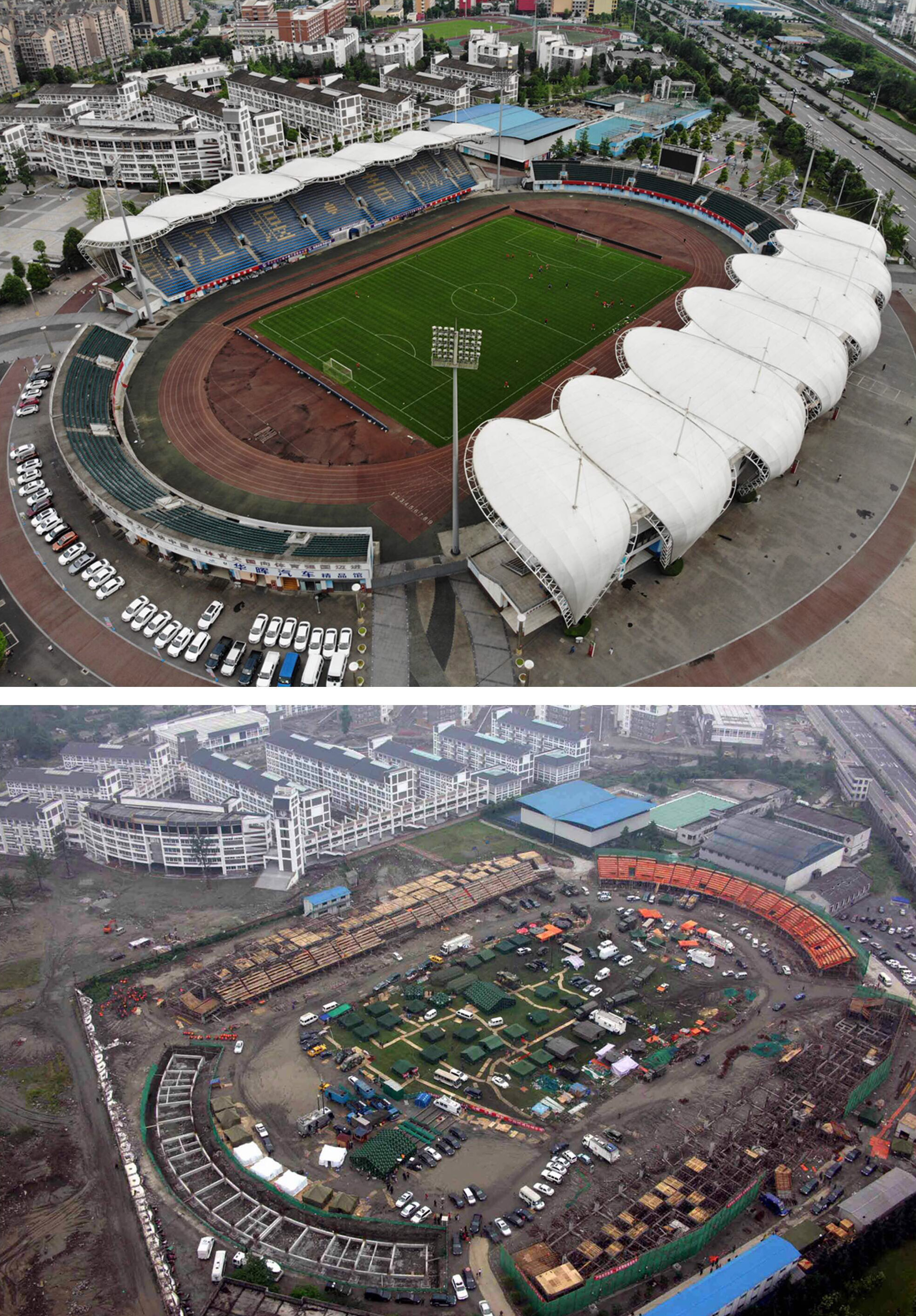 拼版照片上图为2018年5月11日无人机拍摄的四川都江堰体育中心(新华