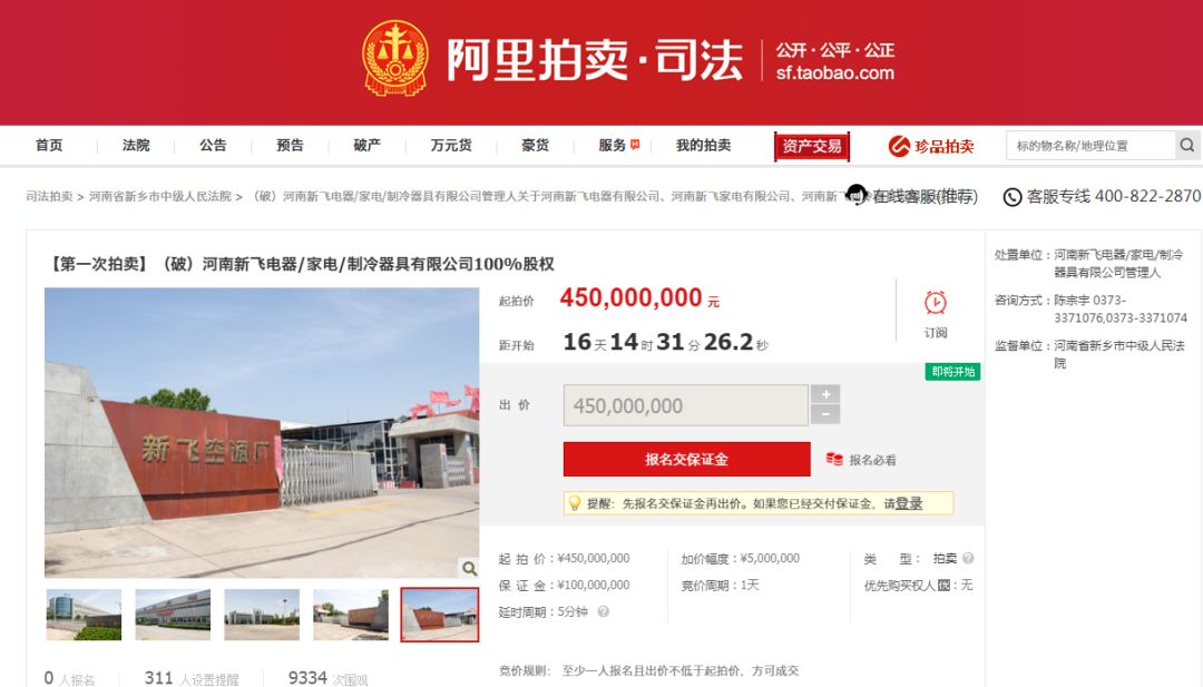 人民法院淘宝网司法拍卖网络平台上进行公开拍卖活动，起拍价为4.5亿元。