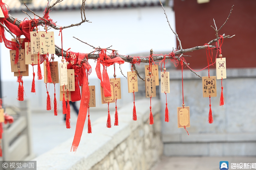 2019年1月6日,山东济南千佛山树枝上挂满许愿牌,有的是家长为孩子许愿