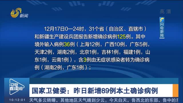 国家卫健委：昨日新增89例本土确诊病例