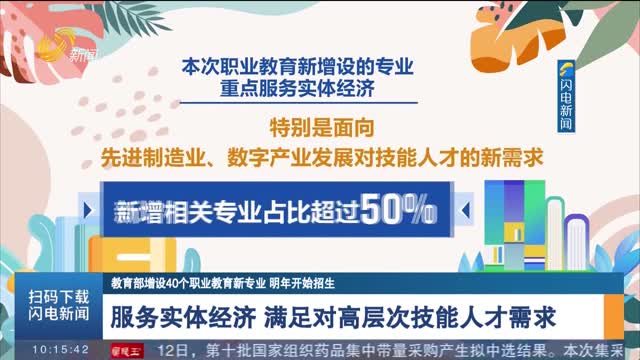 【教育部增设40个职业教育新专业 明年开始招生】服务实体经济 满足对高层次技能人才需求