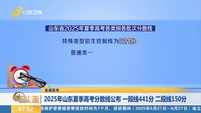 【直通高考】2025年山东夏季高考分数线公布 一段线441分 二段线150分