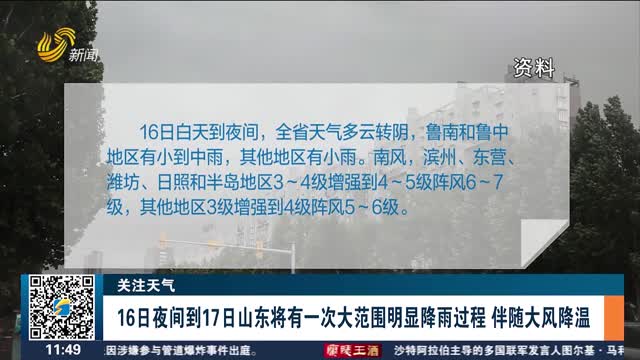 【关注天气】16日夜间到17日山东将有一次大范围明显降雨过程 伴随大风降温